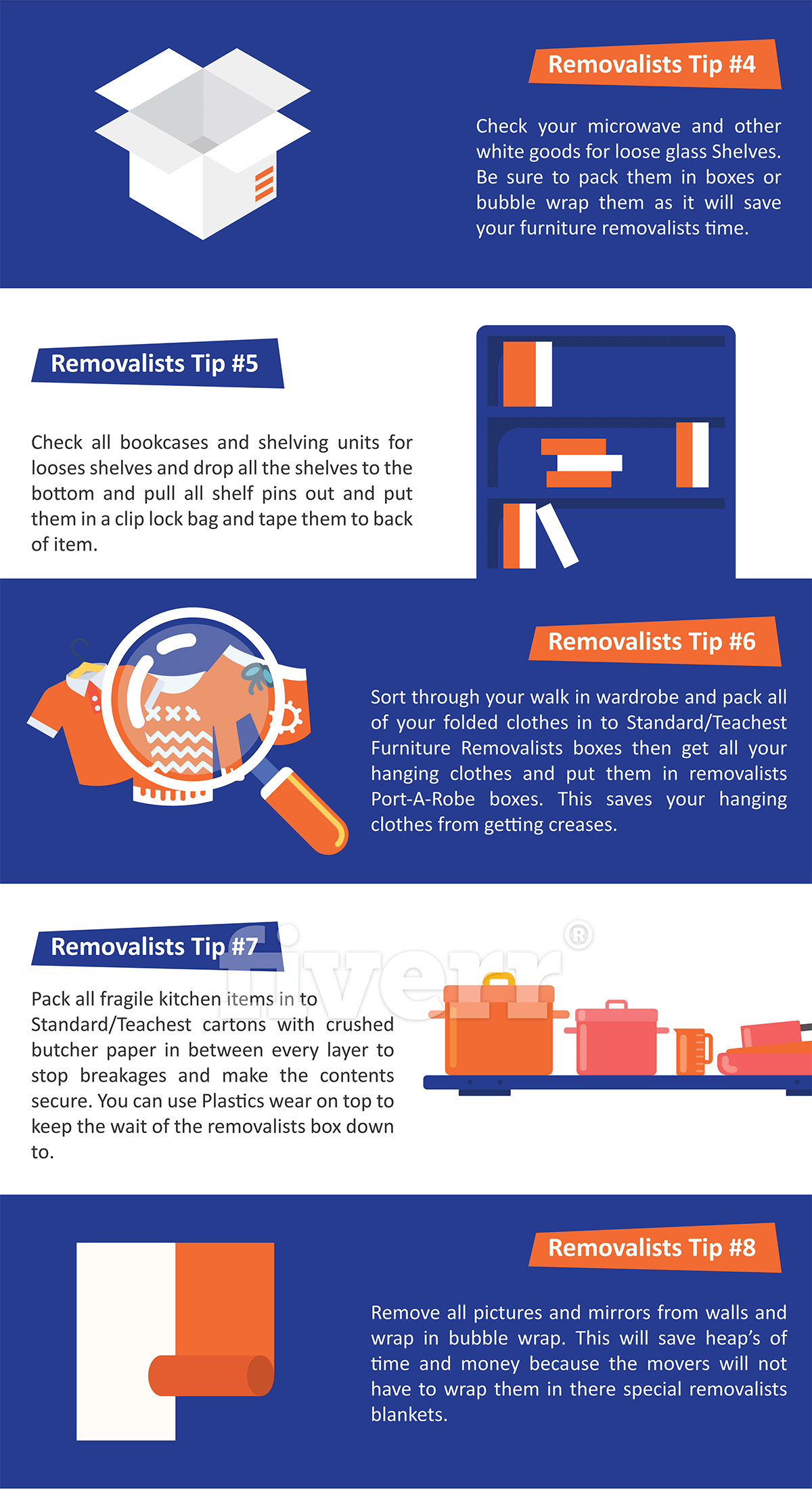 Check your microwave and other white goods for loose glass shelves. Be sure to pack them in boxes or bubble wrap them as it will save your furniture removalists time!